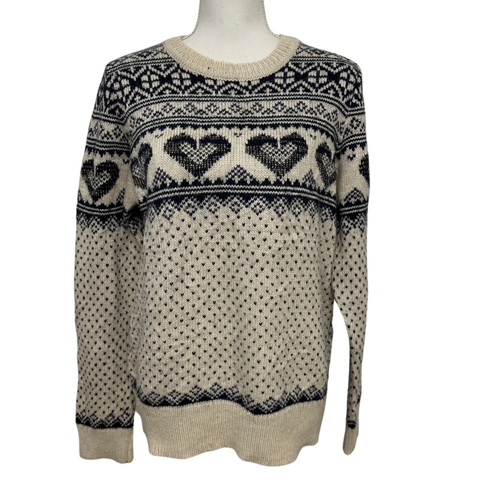 Superdry Fairisle Heart Knit Pullover Sweater Beige/Blue SZ XL Wool Blend